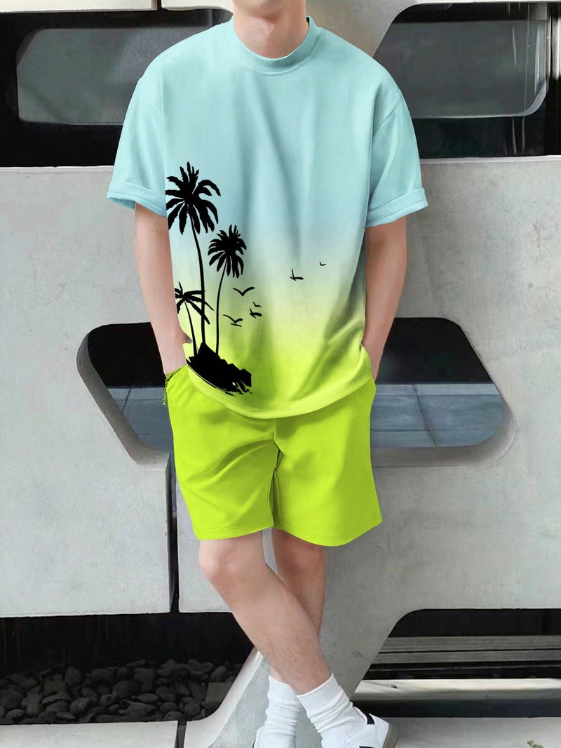 Casual Suit Men'S Sports Summer Short-Sleeved Shorts Trendy Gradient Coconut Tree Men'S Me2-Ma1 - Image 1